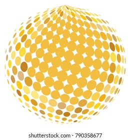 Abstract globe dotted sphere, 3d halftone dot effect. Golden dots in white background. Gold color in earth shape. Vector illustration. It can use as logo, icon, banner, business card.