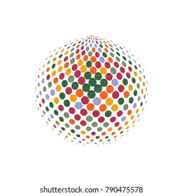 Abstract globe dotted sphere, 3d halftone dot effect. Colorful dots in white background. Rainbow color in earth shape. Vector illustration. It can use as logo, icon, banner, business card.