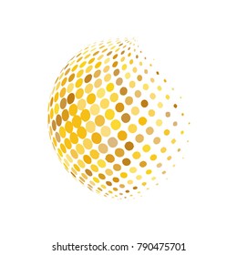 Abstract globe dotted sphere, 3d halftone dot effect. Golden dots in white background. Gold color in earth shape. Vector illustration. It can use as logo, icon, banner, business card.