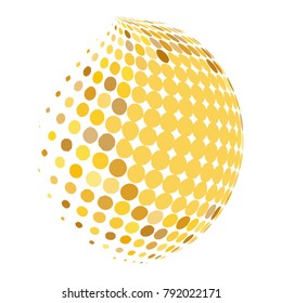 Abstract globe dotted sphere, 3d halftone dot effect. Golden dots in white background. Gold color in earth shape. Vector illustration. It can be used as logo, icon, banner, business card.