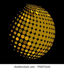 Abstract globe dotted sphere, 3d halftone dot effect. Golden dots in dark background. Gold color in earth shape. Vector illustration. It can use as logo, icon, banner, business card.