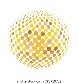 Abstract globe dotted sphere, 3d halftone dot effect. Golden dots in white background. Gold color in earth shape. Vector illustration. It can use as logo, icon, banner, business card.