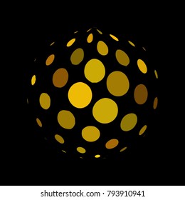 Abstract globe dotted sphere, 3d halftone dot effect. Golden dots in dark background. Gold color in earth shape. Vector illustration. It can use as logo, icon, banner, business card.