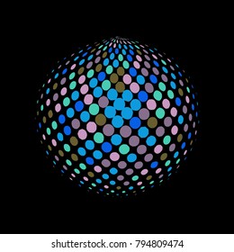 Abstract globe dotted sphere, 3d halftone dot effect. Colorful dots in dark background. Rainbow color in earth shape. Vector illustration. It can use as logo, icon, banner., business card.