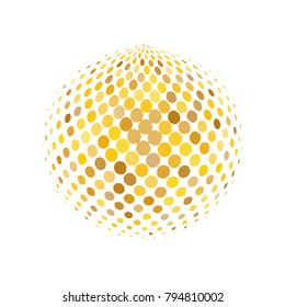 Abstract globe dotted sphere, 3d halftone dot effect. Golden dots in white background. Gold color in earth shape. Vector illustration. It can use as logo, icon, banner, business card.