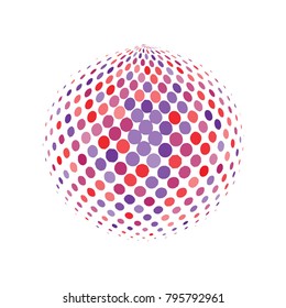 Abstract globe dotted sphere, 3d halftone dot effect. Colorful dots in white background. Rainbow color in earth shape. Vector illustration. It can use as logo, icon, banner, business card.