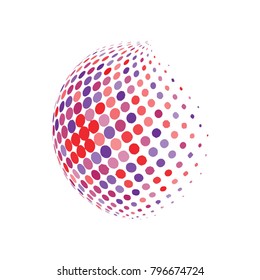 Abstract globe dotted sphere, 3d halftone dot effect. Colorful dots in white background. Rainbow color in earth shape. Vector illustration. It can use as logo, icon, banner, business card.