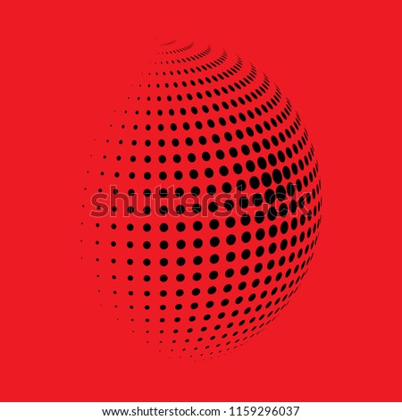 Abstract globe dotted sphere, 3d halftone dot effect. Black dots in red background. Vector illustration. It can use as logo, icon, banner, business card. Modern minimal covers design.