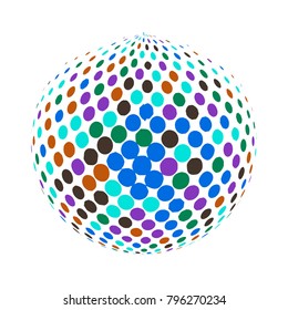 Abstract globe dotted sphere, halftone dot effect. Colorful dots in white background. Rainbow color in earth shape. Vector illustration. It can use as logo, icon, banner, business card.
