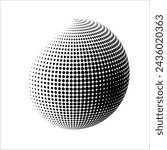 Abstract globe dotted sphere. Volumetric halftone effect vector background. Black and white illustration.