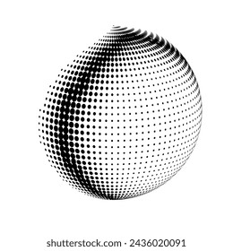 Abstract globe dotted sphere. Volumetric halftone effect vector background. Black and white illustration.