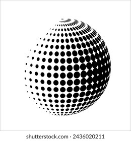 Abstract globe dotted sphere. Volumetric halftone effect vector background. Black and white illustration.