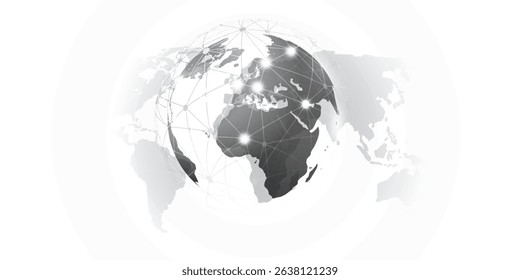 Abstract globe with glowing network points connecting continents over a gray world map background. Modern concept for global communication, data transfer, internet and global technology.