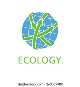 Abstract globe with green arrows, concept save planet, Earth day eco logo
