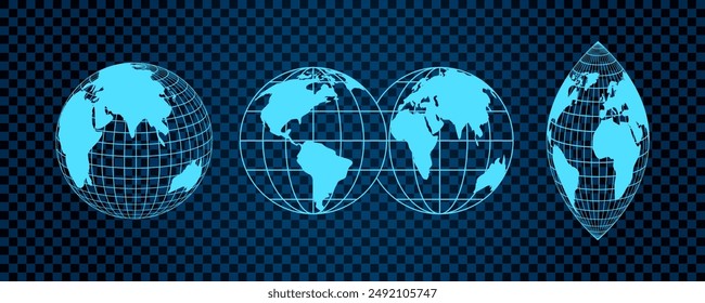 Abstract globe grid set. 3D mesh with earth latitude and longitude lines creating geometric shapes. Wireframe grid elements in digital design, retro Y2K cyberpunk style. Tech elements pattern visual.