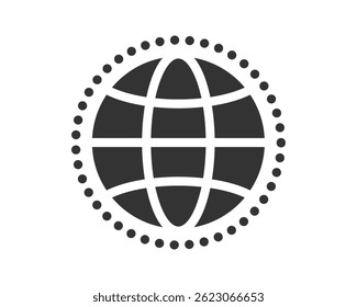 Abstract globe icon encircled by dots. Represents globalization, internet, networking. Ideal for websites, app design, infographics about global reach.