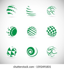 Abstract Globe Logo Set - Isolated On Gray - Vector Illustration. Abstract Globe Vector For Web Icon, Tech Logo And Element Design. 3D Green Icons For Earth, Global, Globe, Planet And World Logo
