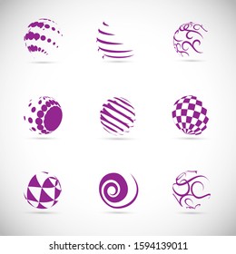 Abstract Globe Logo Set - Isolated On Gray - Vector Illustration. Abstract Globe Vector For Web Icon, Tech Logo And Element Design. 3D Violet Icons For Earth, Global, Globe, Planet And World Logo