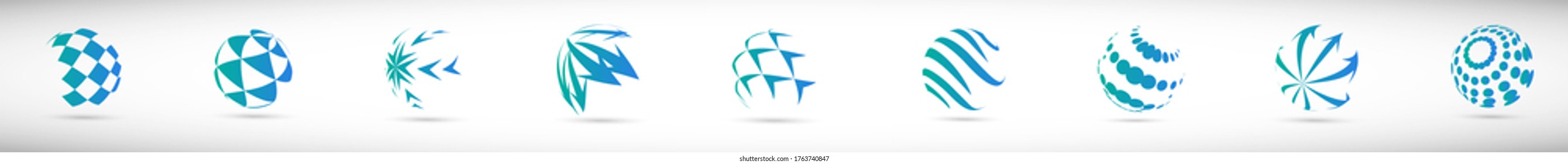 Abstract Globe Logo Set - Isolated On Gray - Vector Illustration. Abstract Globe Vector For Web Icon, Tech Logo And Element Design. 3D Icons For Earth, Global, Globe, Planet And World Logo, Vector