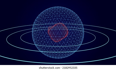 Resumen del globo sobre un fondo oscuro con un núcleo dentro. Esfera vectorial futurista. Ilustración de un globo de malla. El concepto de un objeto espacial. Tecnologías y comunicaciones.