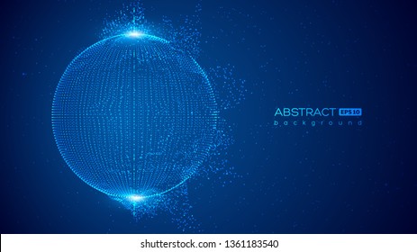 Abstrakte Kugel der Globus-Teilchen mit Explosionseffekt. Digitaler 3D-Stil. Weltraumhintergrund. Futuristische Vektorillustration Illustration.