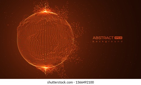 Abstract globe particles sphere with explosion effect. 3d technology digital style. Red space background. Futuristic vector illustration.
