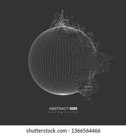 Abstract globe particles sphere with explosion effect. 3d technology digital style. Dark background. Futuristic vector illustration.
