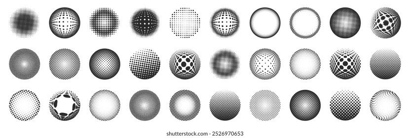 Coleção de planetas do globo abstrata em estilo diferente. Conjunto de logotipo esferas 3D, coleção de formas geométricas