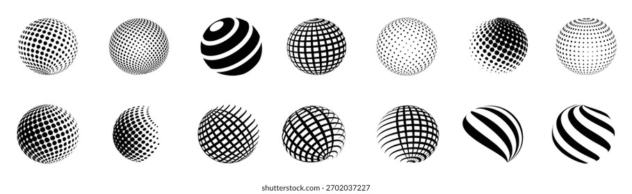 Abstract globe planet collection in different style. 3D spheres logo set, geometric shapes collection. Abstract gradient dotted texture globe elements
