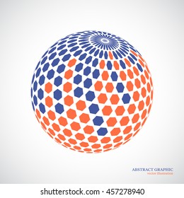 Abstract globe sphere, 3d hexagon effect. Red, blue colors, white background. Vector illustration.