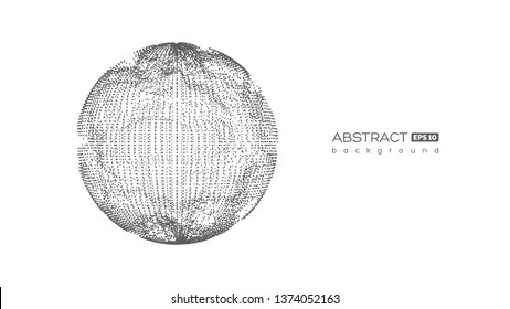 Abstract globe sphere with destroyed effect. 3d technology digital style. Dark background. Futuristic vector illustration.