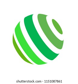Abstract globe stripes sphere, 3d style striped globe icon effect. Green ball logo in white background. Organic earth logo shape. Vector illustration. It can use as logo, icon, banner, business card.