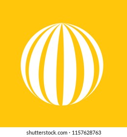 Abstract globe stripes sphere, 3d style striped globe icon effect. White ball logo in yellow background. Color earth logo shape. Vector illustration. It can use as logo, icon, banner, business card.