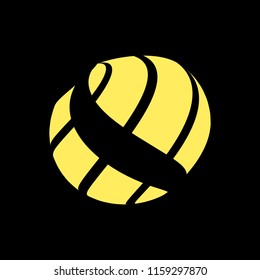 Abstract globe stripes sphere, 3d style striped globe icon effect. Golden ball logo in black background. Gold earth shape. Vector illustration. It can use as logo, icon, banner, business card.