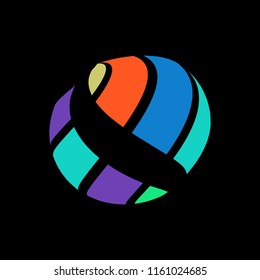 Abstract globe stripes sphere, 3d style striped globe icon effect. Colorful ball logo in dark background. Rainbow in earth shape. Vector illustration. It can use as logo, icon, banner, business card.