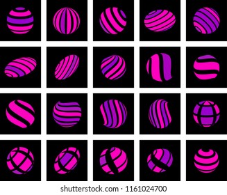 Abstract globe stripes sphere, 3d style striped globe icon effect. Pink ball logo in dark background. Colorful earth shape. Vector illustration. It can use as logo, icon, banner, business card.