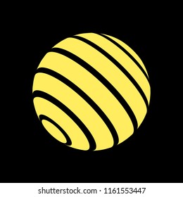 Abstract globe stripes sphere, 3d style striped globe icon effect. Golden ball logo in black background. Gold earth shape. Vector illustration. It can use as logo, icon, banner, business card.