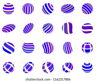Abstract globe stripes sphere, 3d style striped globe icon effect. Blue ball logo in white background. Colorful 3d earth shape. Vector illustration. It can use as logo, icon, banner, business card.