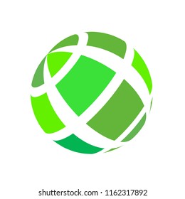 Abstract globe stripes sphere, 3d style striped globe icon effect. Green ball logo in white background. Organic earth logo shape. Vector illustration. It can use as logo, icon, banner, business card.
