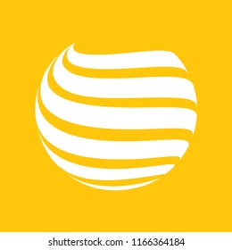 Abstract globe stripes sphere, 3d style striped globe icon effect. White ball logo in yellow background. Color earth logo shape. Vector illustration. It can use as logo, icon, banner, business card.