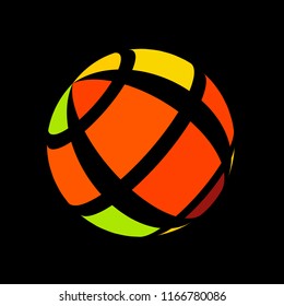 Abstract globe stripes sphere, 3d style striped globe icon effect. Colorful ball logo in dark background. Rainbow in earth shape. Vector illustration. It can use as logo, icon, banner, business card.