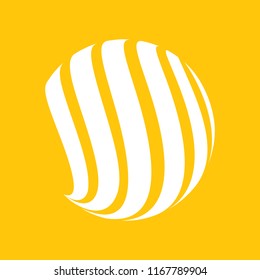 Abstract globe stripes sphere, 3d style striped globe icon effect. White ball logo in yellow background. Color earth logo shape. Vector illustration. It can use as logo, icon, banner, business card.