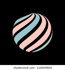 Abstract globe stripes sphere, 3d style striped globe icon effect. Colorful ball logo in dark background. Rainbow in earth shape. Vector illustration. It can use as logo, icon, banner, business card.