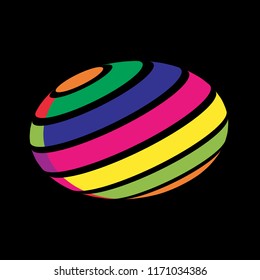 Abstract globe stripes sphere, 3d style striped globe icon effect. Colorful ball logo in dark background. Rainbow in earth shape. Vector illustration. It can use as logo, icon, banner, business card.