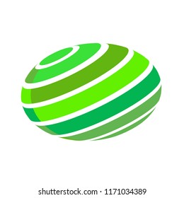 Abstract globe stripes sphere, 3d style striped globe icon effect. Green ball logo in white background. Organic earth logo shape. Vector illustration. It can use as logo, icon, banner, business card.