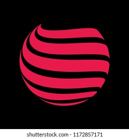 Abstract globe stripes sphere, 3d style striped globe icon effect. Red ball logo in dark background. Color earth logo shape. Vector illustration. It can use as logo, icon, banner, business card.