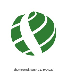 Abstract globe stripes sphere, 3d style striped globe icon effect. Green ball logo in white background. Organic earth logo shape. Vector illustration. It can use as logo, icon, banner, business card.
