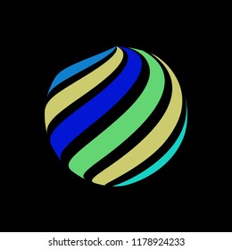 Abstract globe stripes sphere, 3d style striped globe icon effect. Colorful ball logo in dark background. Rainbow in earth shape. Vector illustration. It can use as logo, icon, banner, business card.