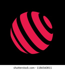 Abstract globe stripes sphere, 3d style striped globe icon effect. Red ball logo in dark background. Color earth logo shape. Vector illustration. It can use as logo, icon, banner, business card.