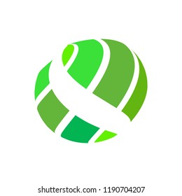 Abstract globe stripes sphere, 3d style striped globe icon effect. Green ball logo in white background. Organic earth logo shape. Vector illustration. It can use as logo, icon, banner, business card.